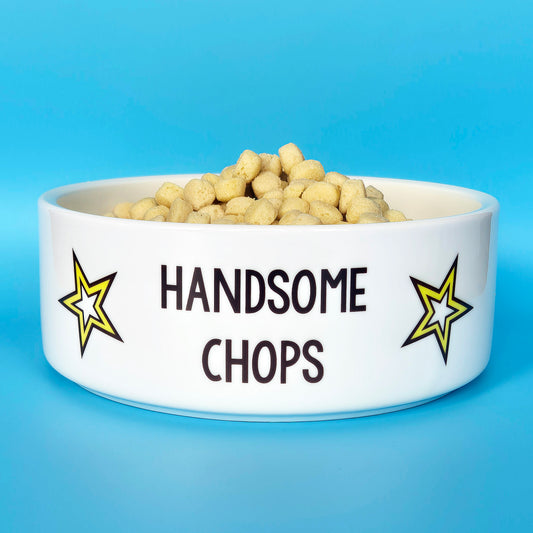 Ceramic pet bowl with phrase Handsome Chops